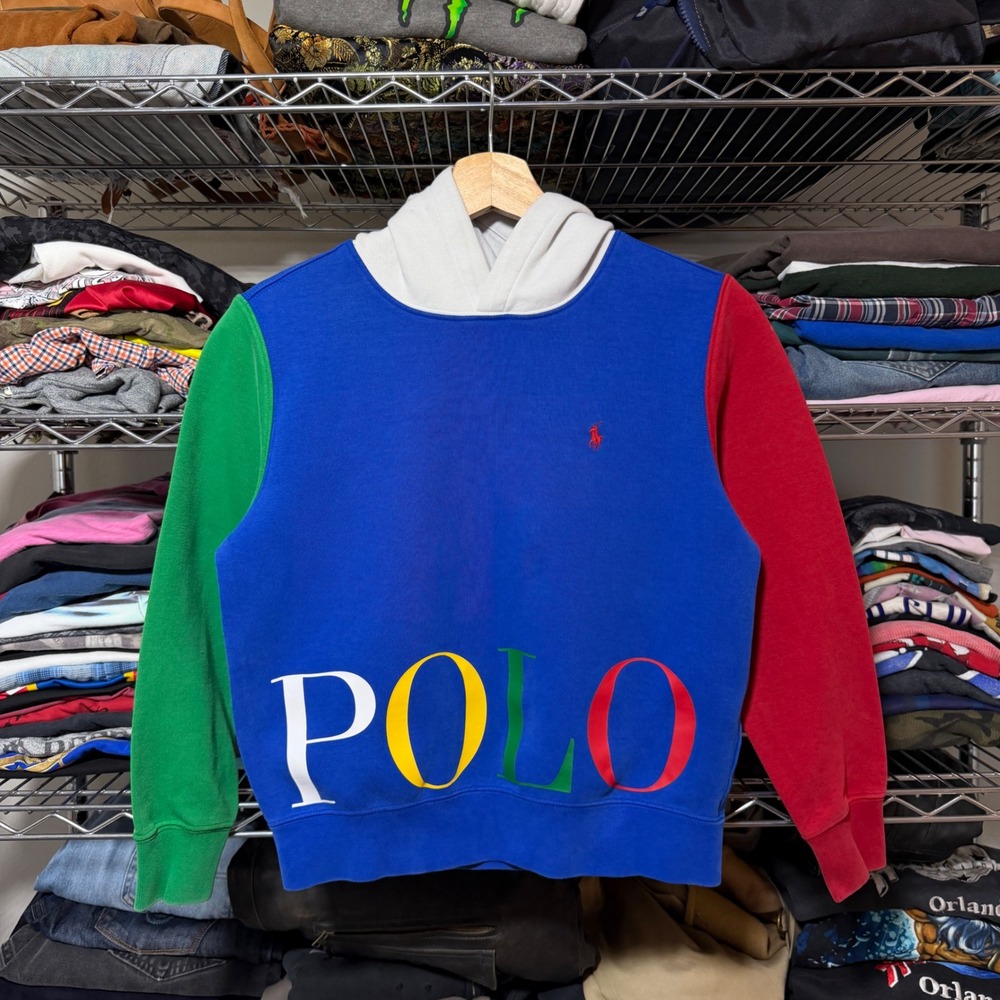 Polo Ralph Lauren Hoodie Boys M 10-12 Blue Colorblock Big Logo Pullover Hoody